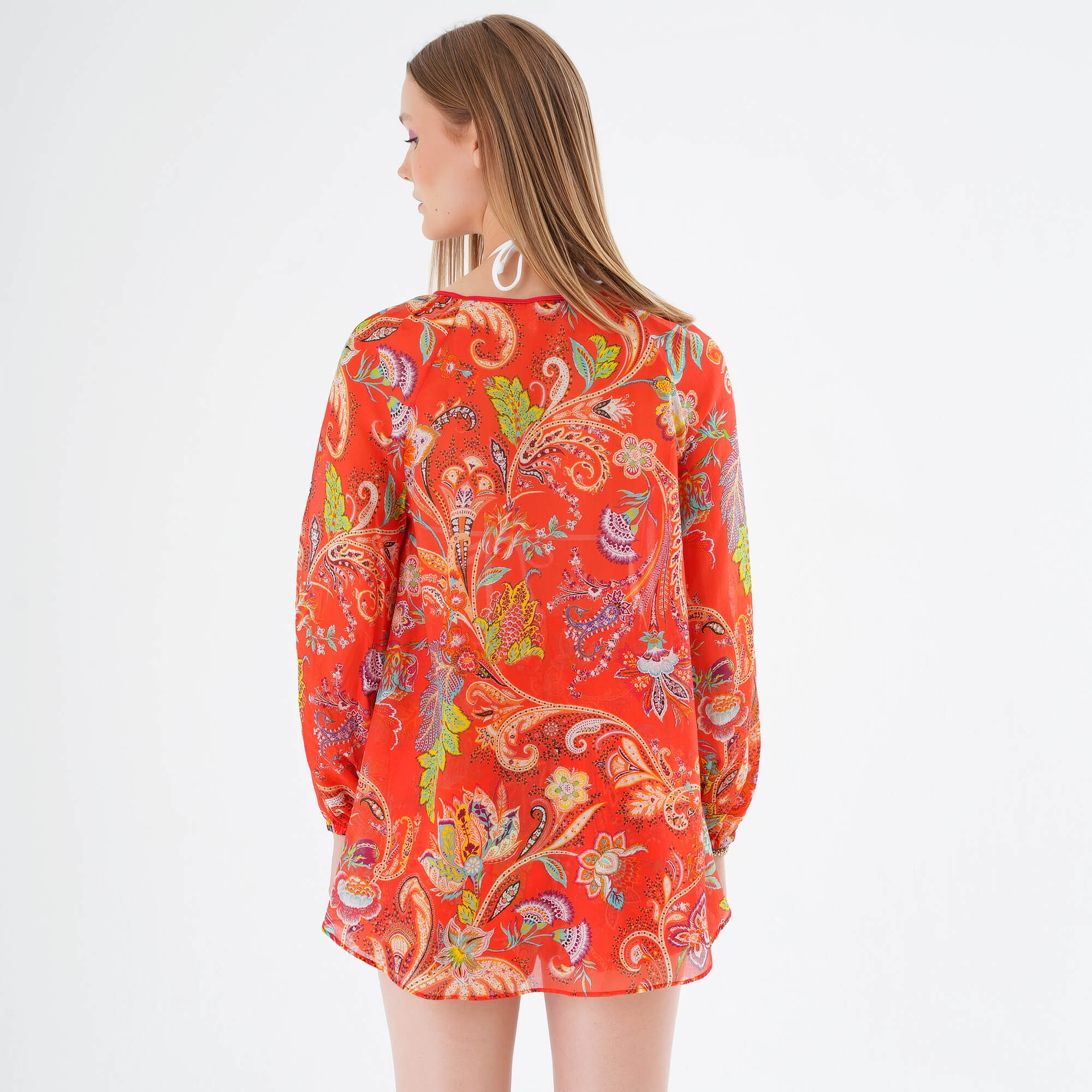 Etro - Orange Paisley Semi Sheer Boat Neck Blouse IT42